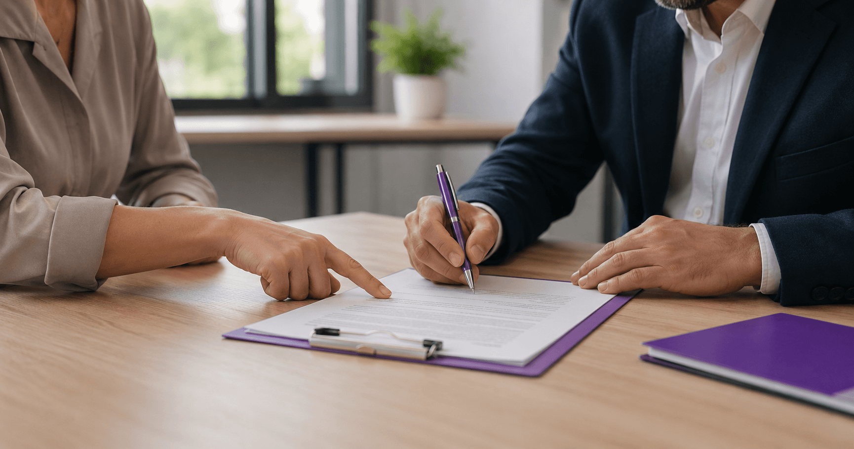 Empleador y trabajador firmando un contrato laboral sobre un escritorio