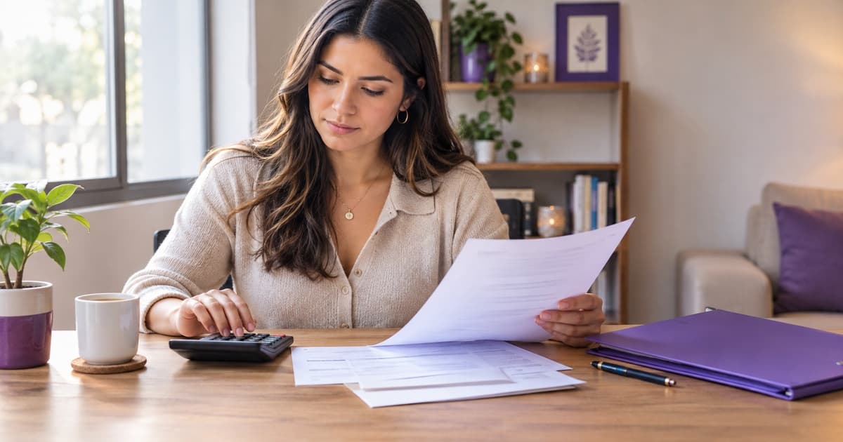 Trabajadora revisando con calculadora los documentos de su liquidación laboral en una mesa de oficina