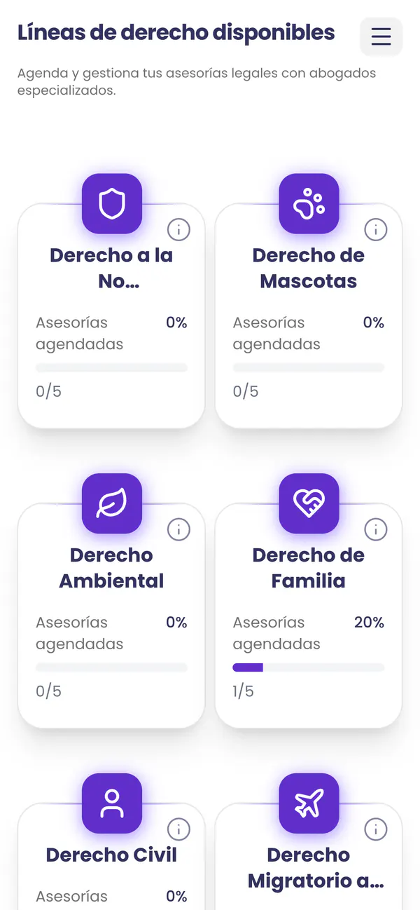 Líneas de derecho disponibles para agendar una asesoría