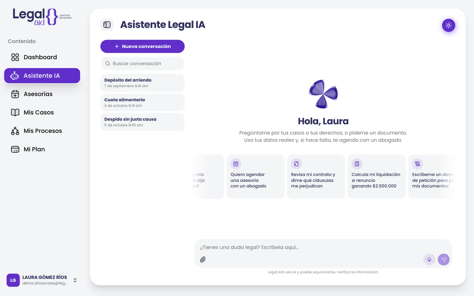 Asistente legal con IA de Legal Aid con preguntas sugeridas para redactar, revisar un contrato o agendar con un abogado