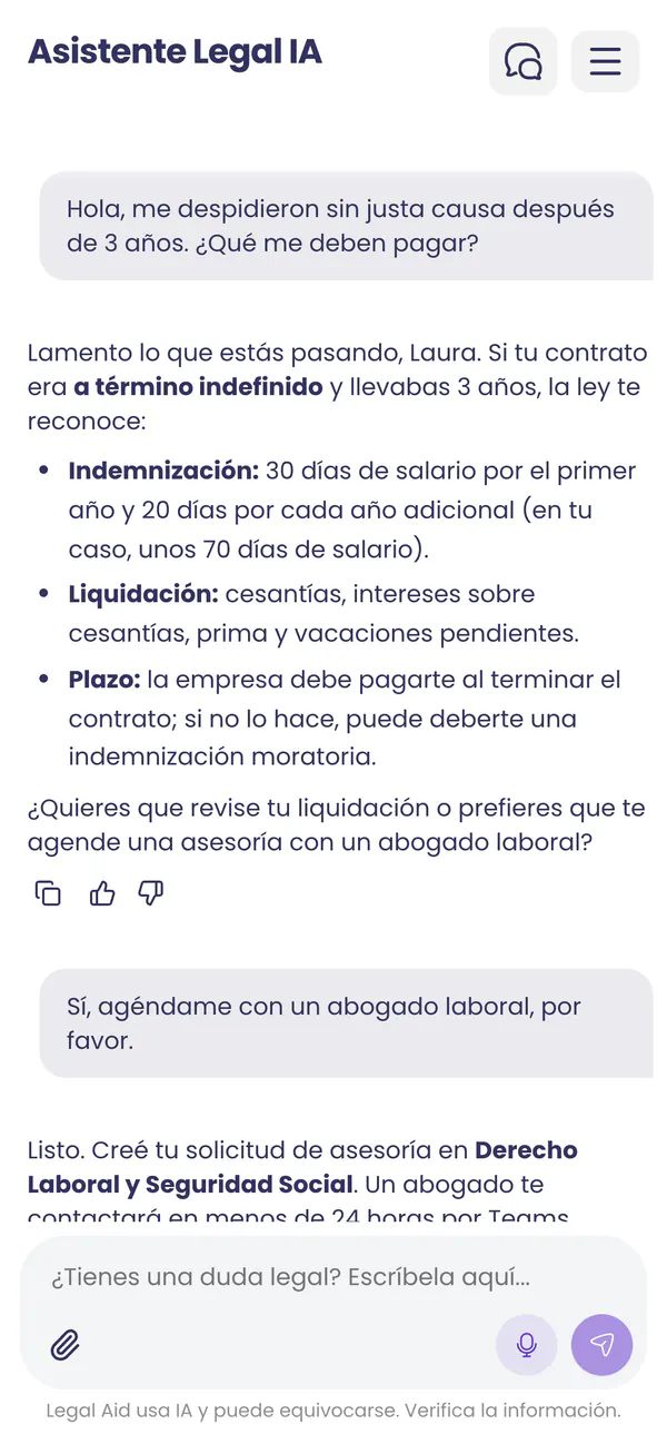 Conversación con el asistente legal sobre un despido sin justa causa