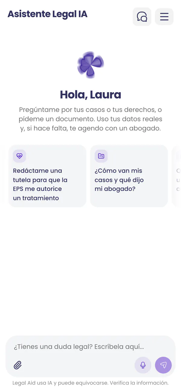 Asistente legal con IA de Legal Aid con sugerencias de preguntas