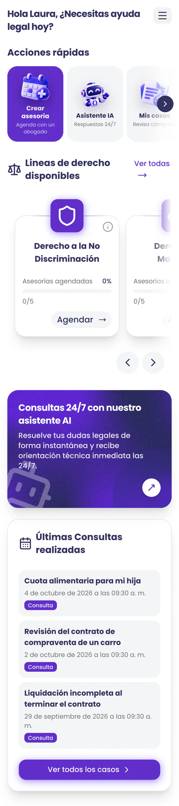 Inicio de Legal Aid en el celular con las acciones rápidas y las líneas de derecho