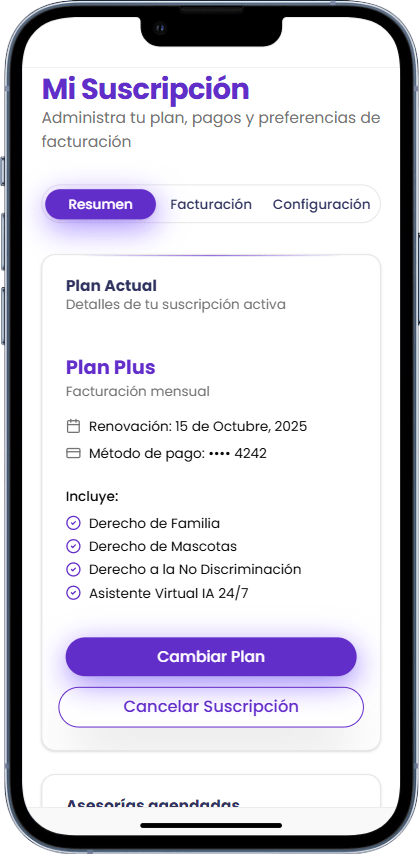 Mockups mobile view administración suscripción Legal Aid